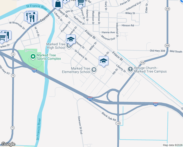 map of restaurants, bars, coffee shops, grocery stores, and more near 703 Normandy Street in Marked Tree