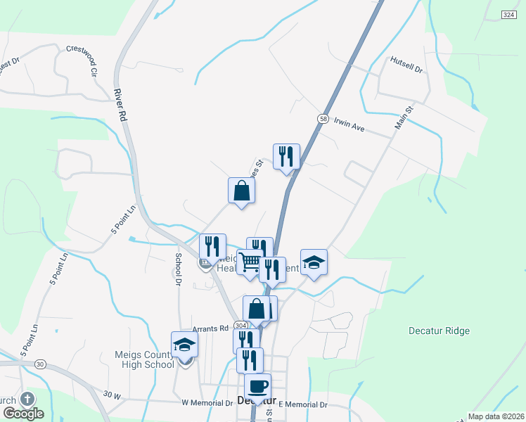 map of restaurants, bars, coffee shops, grocery stores, and more near 415 Jones Street in Decatur