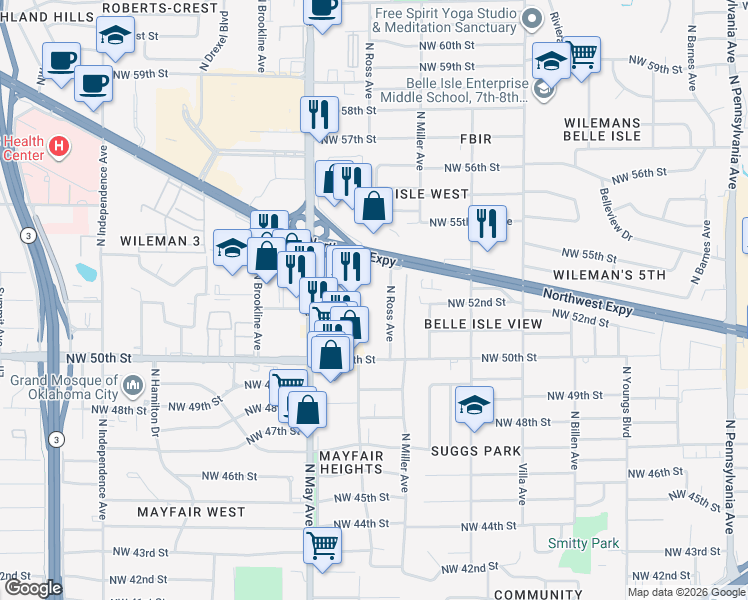 map of restaurants, bars, coffee shops, grocery stores, and more near 2720 Northwest Expressway in Oklahoma City