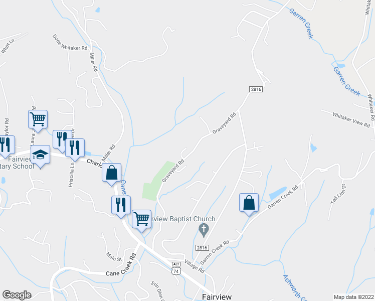 map of restaurants, bars, coffee shops, grocery stores, and more near 18 North Becky Lane in Fairview