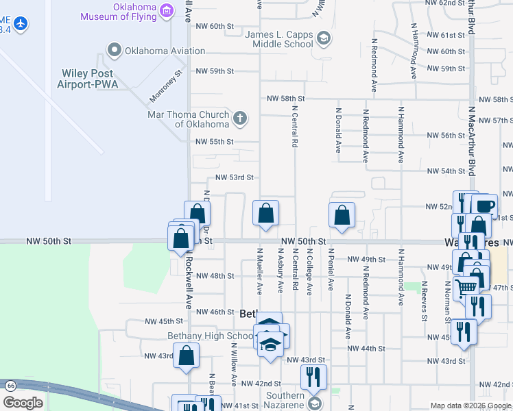 map of restaurants, bars, coffee shops, grocery stores, and more near 5216 North Mueller Avenue in Bethany