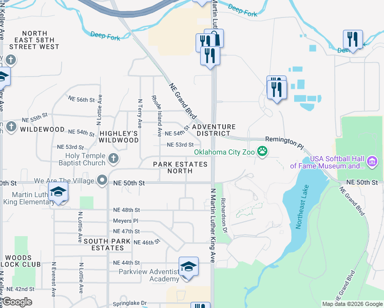 map of restaurants, bars, coffee shops, grocery stores, and more near 1836 Northeast 53rd Street in Oklahoma City