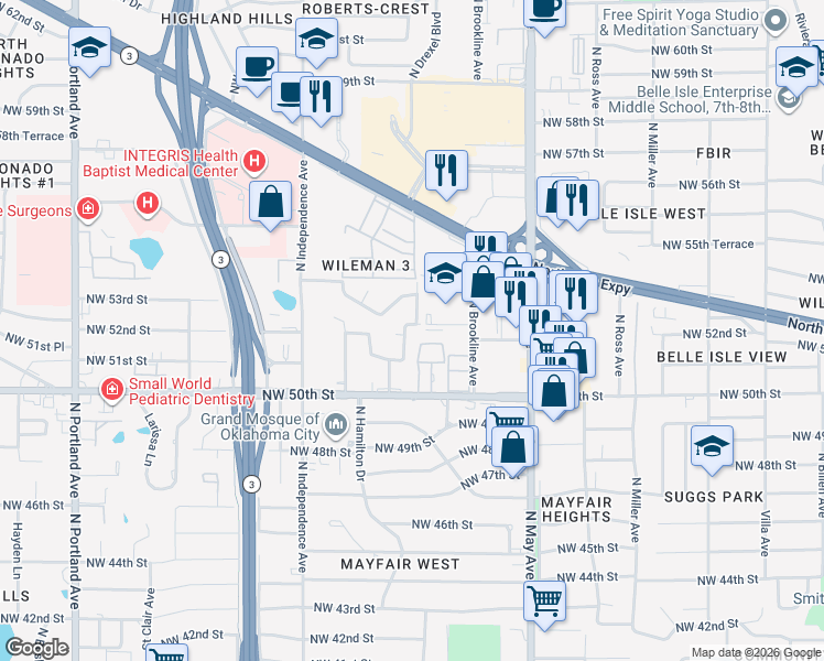 map of restaurants, bars, coffee shops, grocery stores, and more near 5325 North Drexel Boulevard in Oklahoma City