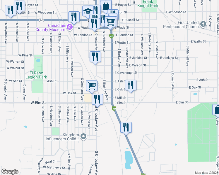 map of restaurants, bars, coffee shops, grocery stores, and more near 1012 South Rock Island Avenue in El Reno