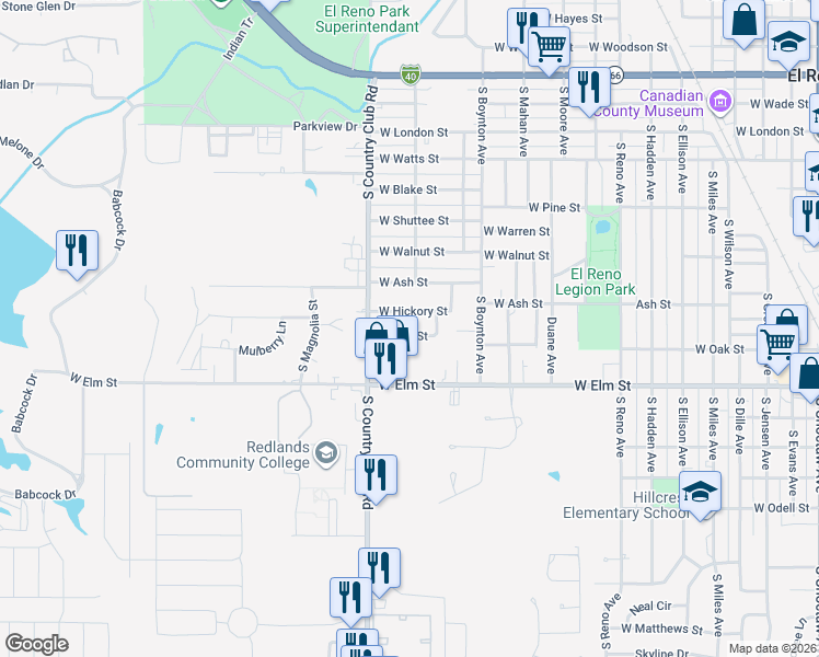 map of restaurants, bars, coffee shops, grocery stores, and more near 1513 West Hickory Street in El Reno