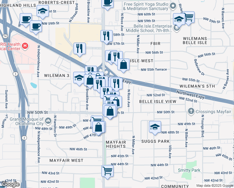map of restaurants, bars, coffee shops, grocery stores, and more near 5400 North May Avenue in Oklahoma City