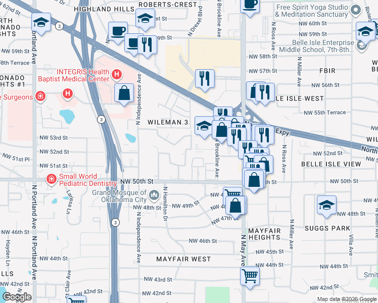 map of restaurants, bars, coffee shops, grocery stores, and more near 5325 North Drexel Boulevard in Oklahoma City