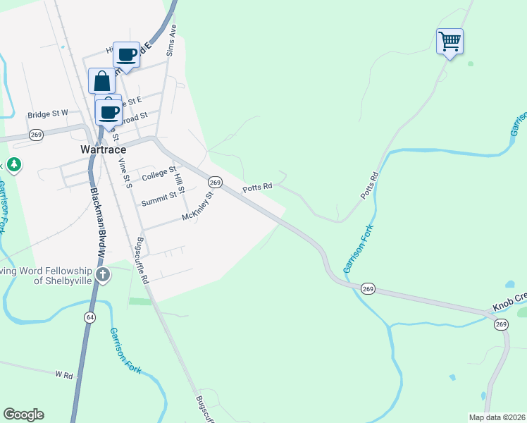 map of restaurants, bars, coffee shops, grocery stores, and more near 509 Knob Creek Road in Wartrace