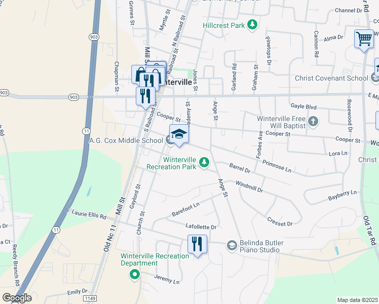 map of restaurants, bars, coffee shops, grocery stores, and more near 2657 Church Street in Winterville