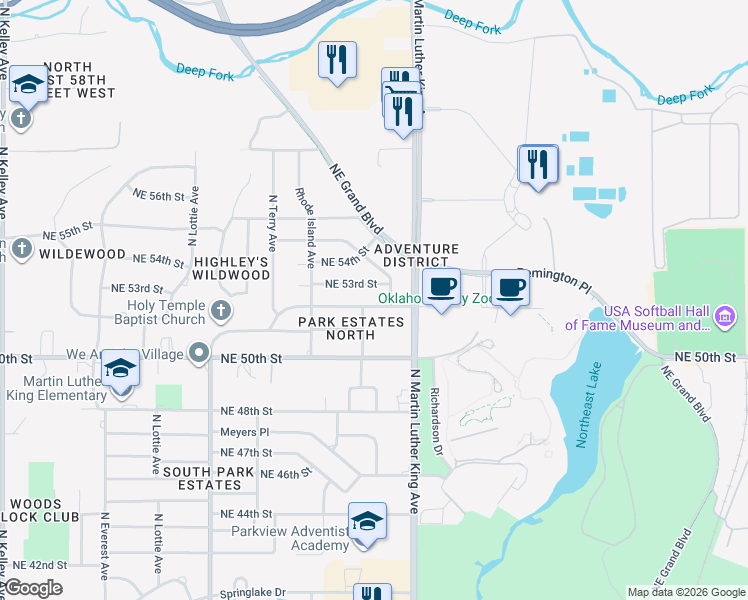map of restaurants, bars, coffee shops, grocery stores, and more near 1836 Northeast 53rd Street in Oklahoma City