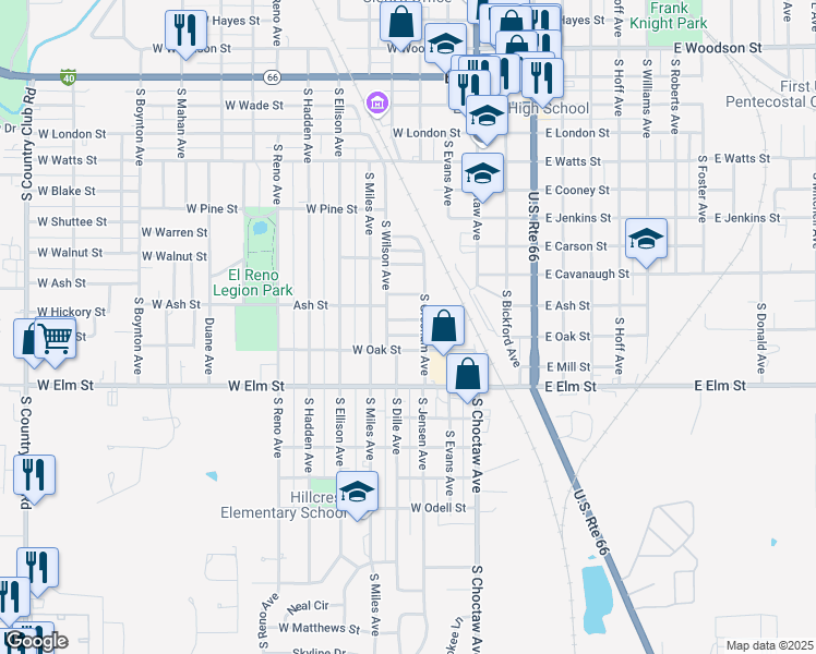 map of restaurants, bars, coffee shops, grocery stores, and more near 507 West Owens Street in El Reno