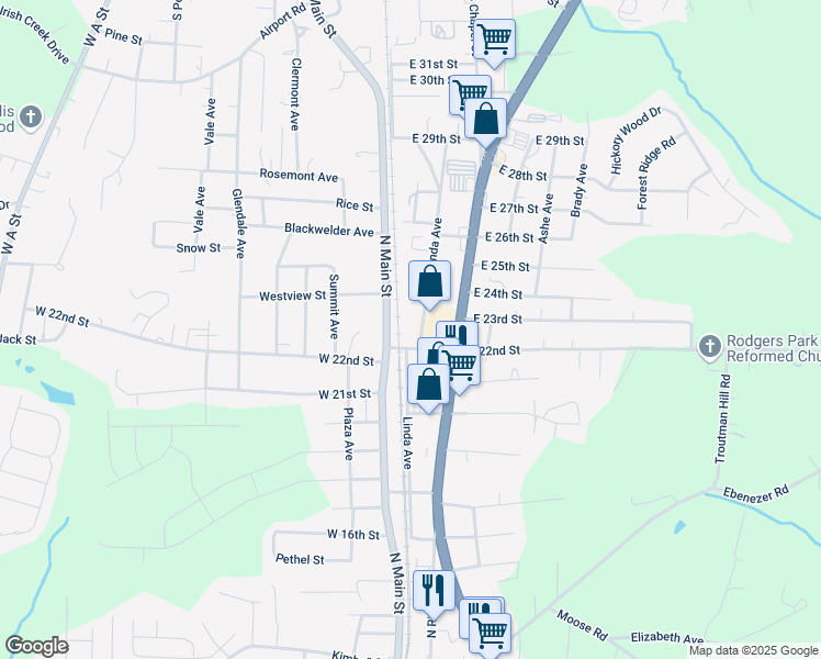 map of restaurants, bars, coffee shops, grocery stores, and more near 2203 Linda Avenue in Kannapolis