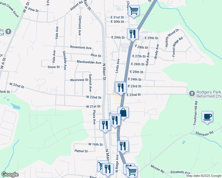 map of restaurants, bars, coffee shops, grocery stores, and more near 2203 Linda Avenue in Kannapolis