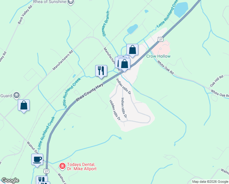 map of restaurants, bars, coffee shops, grocery stores, and more near 197 Hidden Hills Drive in Dayton
