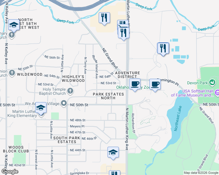 map of restaurants, bars, coffee shops, grocery stores, and more near 1836 Northeast 53rd Street in Oklahoma City