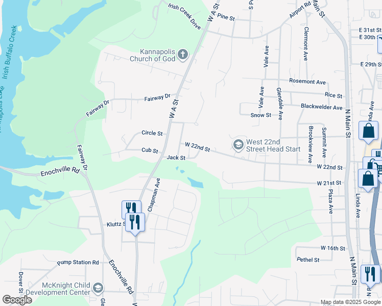 map of restaurants, bars, coffee shops, grocery stores, and more near 2116 Strickland Court in Kannapolis
