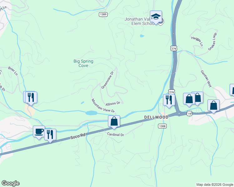 map of restaurants, bars, coffee shops, grocery stores, and more near 462 Allison Drive in Maggie Valley