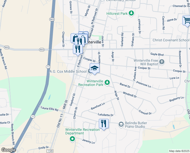 map of restaurants, bars, coffee shops, grocery stores, and more near 2657 Church Street in Winterville