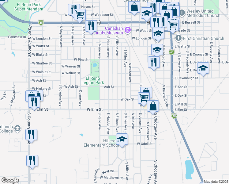 map of restaurants, bars, coffee shops, grocery stores, and more near 810 South Ellison Avenue in El Reno
