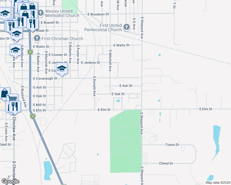 map of restaurants, bars, coffee shops, grocery stores, and more near 1205 East Oak Street in El Reno