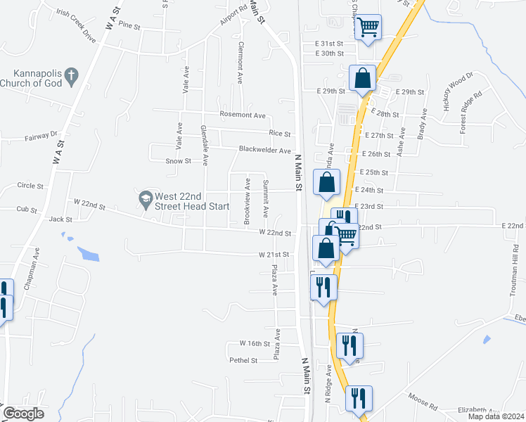 map of restaurants, bars, coffee shops, grocery stores, and more near 2207 Summit Avenue in Kannapolis