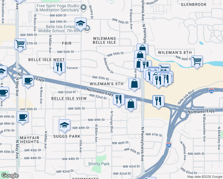 map of restaurants, bars, coffee shops, grocery stores, and more near 2260 Northwest 54th Street in Oklahoma City
