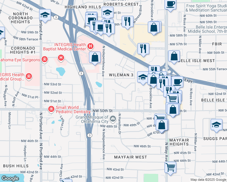 map of restaurants, bars, coffee shops, grocery stores, and more near 3225 North Hamilton Drive in Oklahoma City