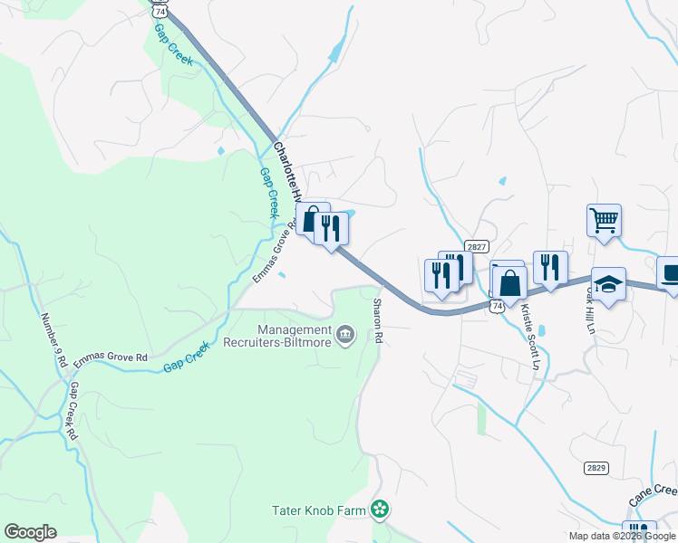 map of restaurants, bars, coffee shops, grocery stores, and more near 1197 Charlotte Highway in Fairview