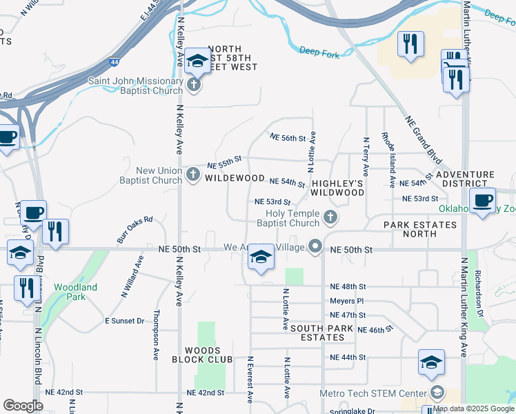 map of restaurants, bars, coffee shops, grocery stores, and more near 1304 Northeast 53rd Street in Oklahoma City