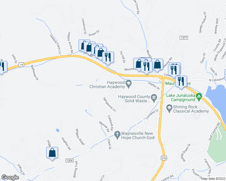 map of restaurants, bars, coffee shops, grocery stores, and more near 26 Austin Heights in Waynesville