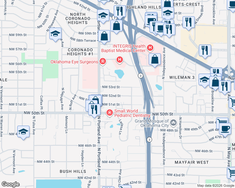 map of restaurants, bars, coffee shops, grocery stores, and more near 3541 Northwest 52nd Street in Oklahoma City