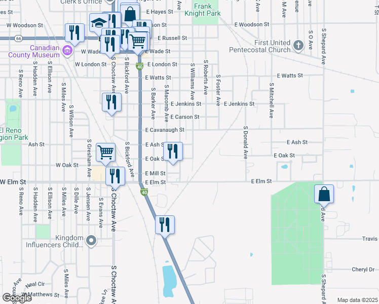 map of restaurants, bars, coffee shops, grocery stores, and more near 1012 South Williams Avenue in El Reno