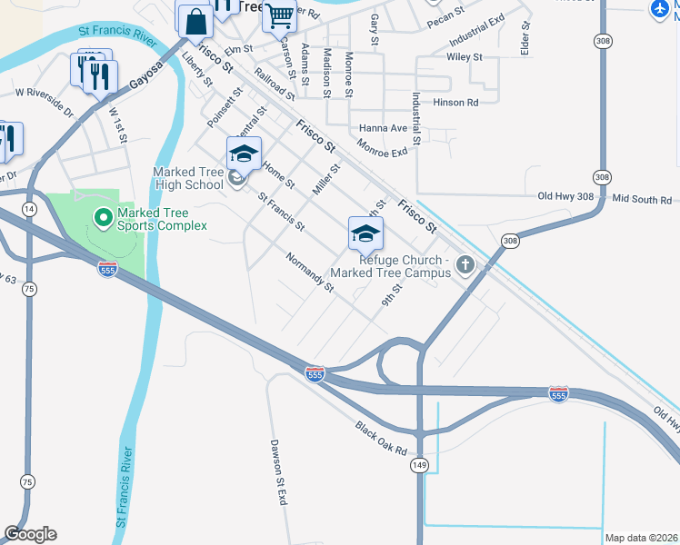 map of restaurants, bars, coffee shops, grocery stores, and more near 703 Normandy Street in Marked Tree