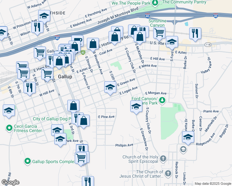 map of restaurants, bars, coffee shops, grocery stores, and more near 409 East Logan Avenue in Gallup