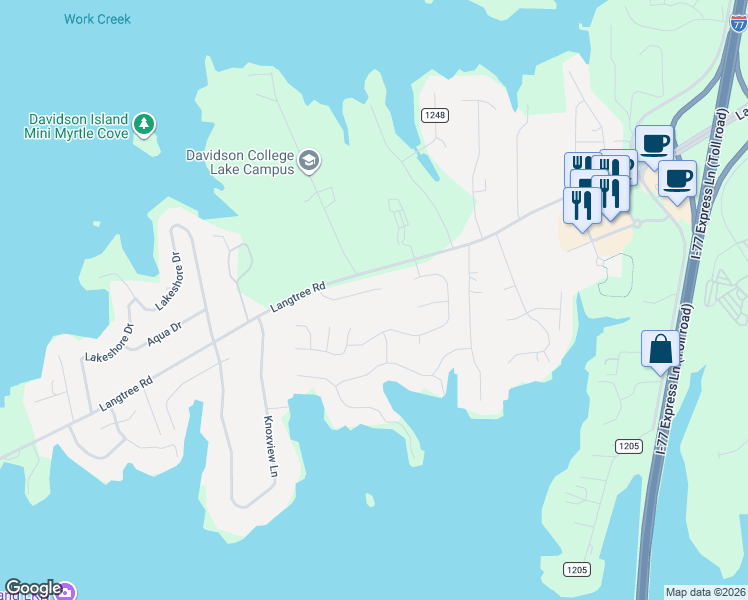 map of restaurants, bars, coffee shops, grocery stores, and more near 144 Slocumb Lane in Mooresville