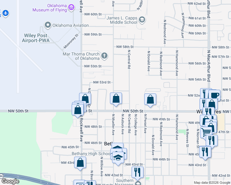 map of restaurants, bars, coffee shops, grocery stores, and more near 5216 North Mueller Avenue in Bethany