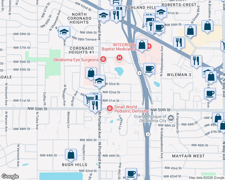 map of restaurants, bars, coffee shops, grocery stores, and more near 3541 Northwest 52nd Street in Oklahoma City