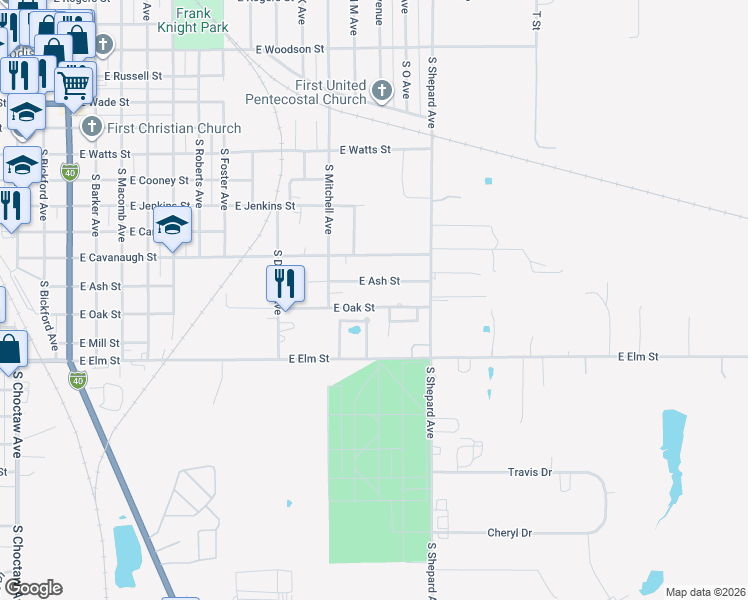 map of restaurants, bars, coffee shops, grocery stores, and more near 1221 East Oak Street in El Reno