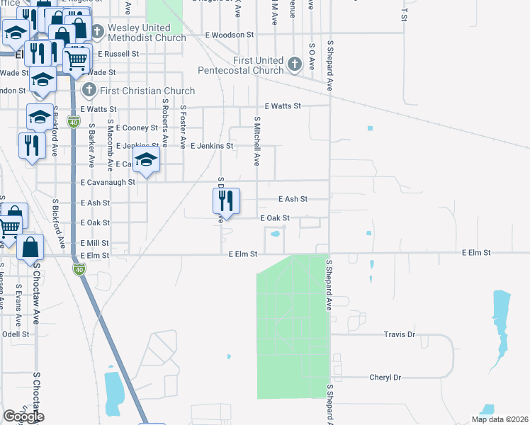 map of restaurants, bars, coffee shops, grocery stores, and more near 1205 East Oak Street in El Reno