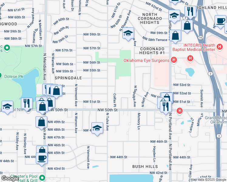 map of restaurants, bars, coffee shops, grocery stores, and more near 5311 Colfax Place in Oklahoma City