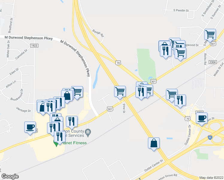 map of restaurants, bars, coffee shops, grocery stores, and more near 28 Fieldale Drive in Smithfield