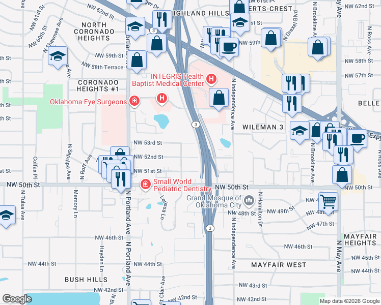map of restaurants, bars, coffee shops, grocery stores, and more near 3423 Northwest 52nd Street in Oklahoma City