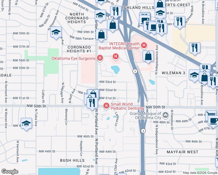 map of restaurants, bars, coffee shops, grocery stores, and more near 3541 Northwest 52nd Street in Oklahoma City