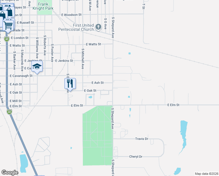 map of restaurants, bars, coffee shops, grocery stores, and more near 1321 East Oak Street in El Reno