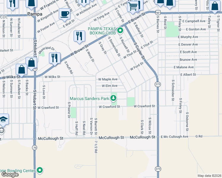 map of restaurants, bars, coffee shops, grocery stores, and more near 900 Octavus Street in Pampa