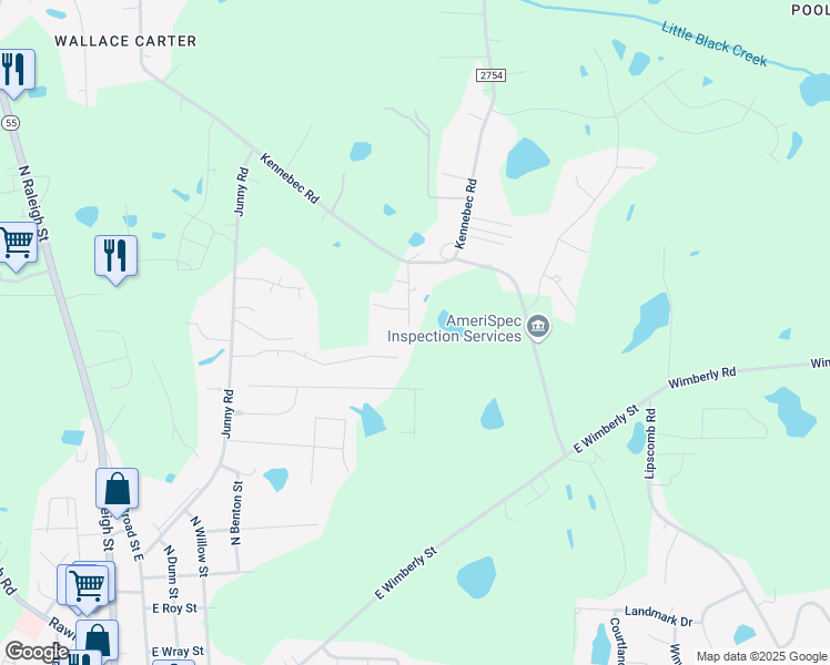 map of restaurants, bars, coffee shops, grocery stores, and more near 143 Rack Court in Harnett County
