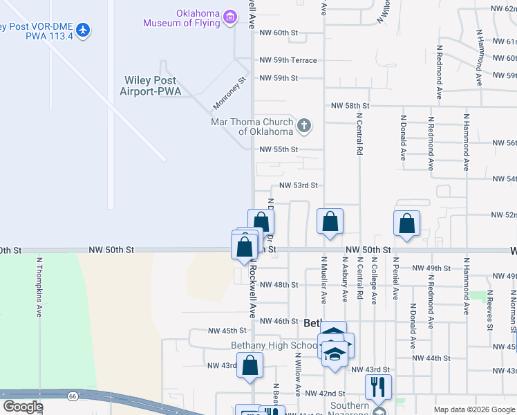 map of restaurants, bars, coffee shops, grocery stores, and more near 5304 North Rockwell Avenue in Bethany