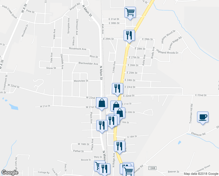 map of restaurants, bars, coffee shops, grocery stores, and more near 2203 Linda Avenue in Kannapolis