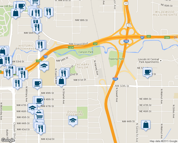 map of restaurants, bars, coffee shops, grocery stores, and more near 5300 North Walker Avenue in Oklahoma City