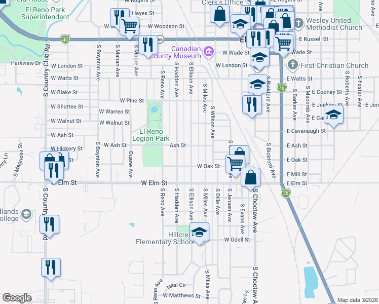 map of restaurants, bars, coffee shops, grocery stores, and more near 810 S Ellison Ave in El Reno
